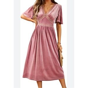 Pink Velvet whimsi boho fairy Lace flowy Midi Dress M NWT romantic Y2K party
